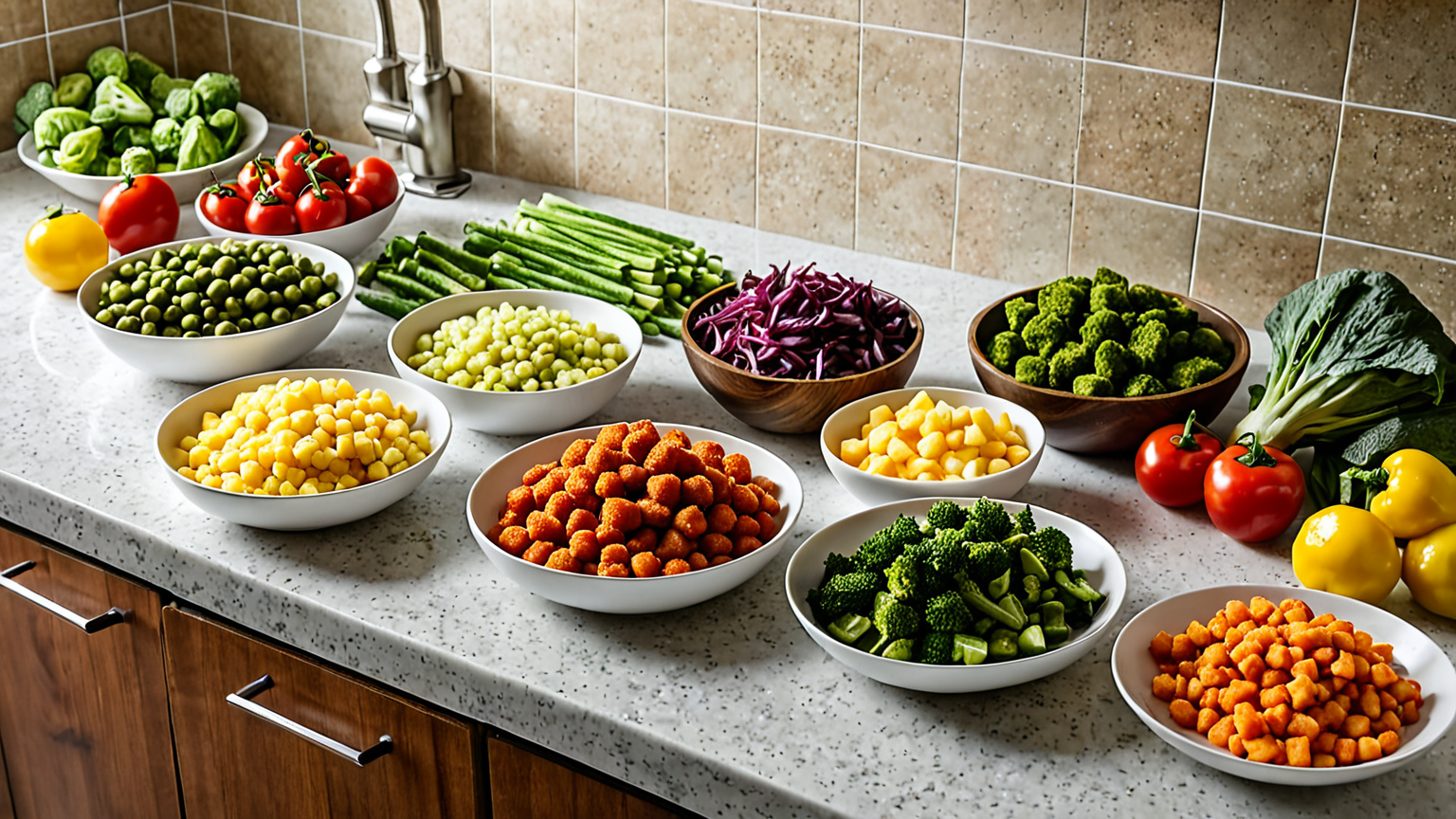 冷凍保存された野菜と揚げ物の調理風景
