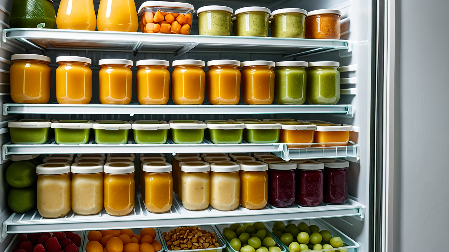 冷蔵庫に保存された離乳食の容器