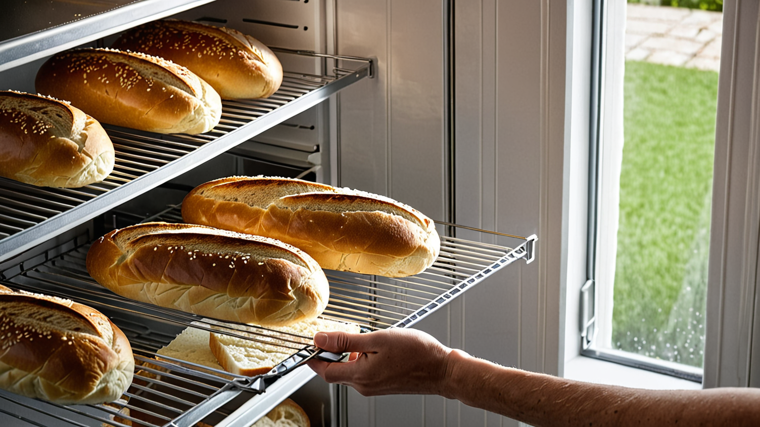 フランスパンを冷凍庫に入れる様子