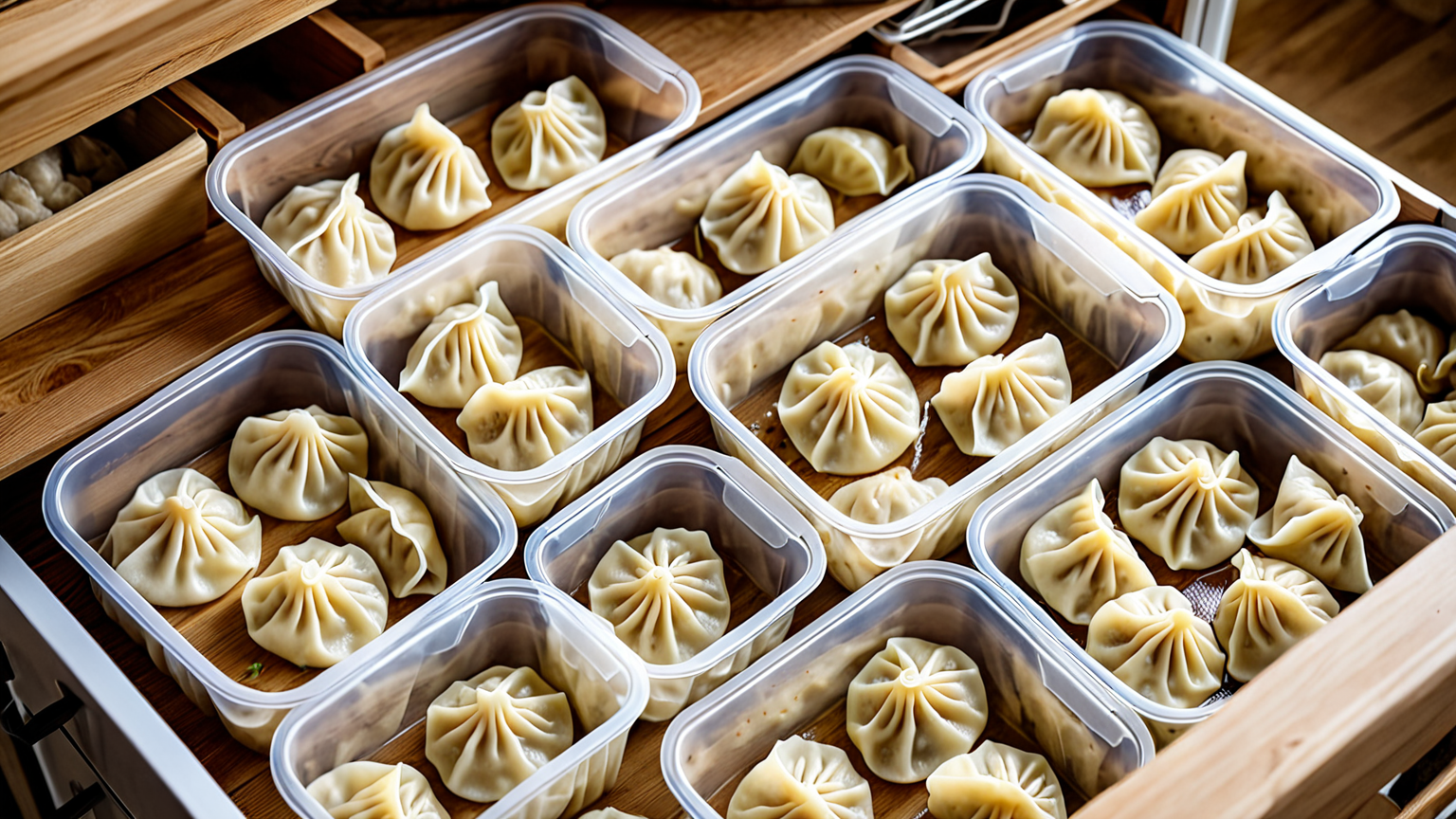冷凍庫に入った手作り餃子のパック