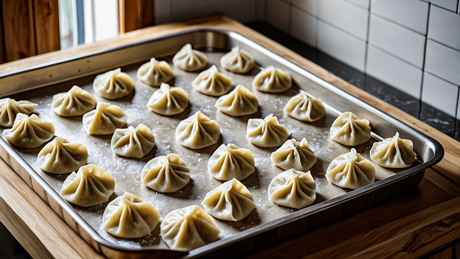 手作り餃子を冷凍用トレーに並べる様子