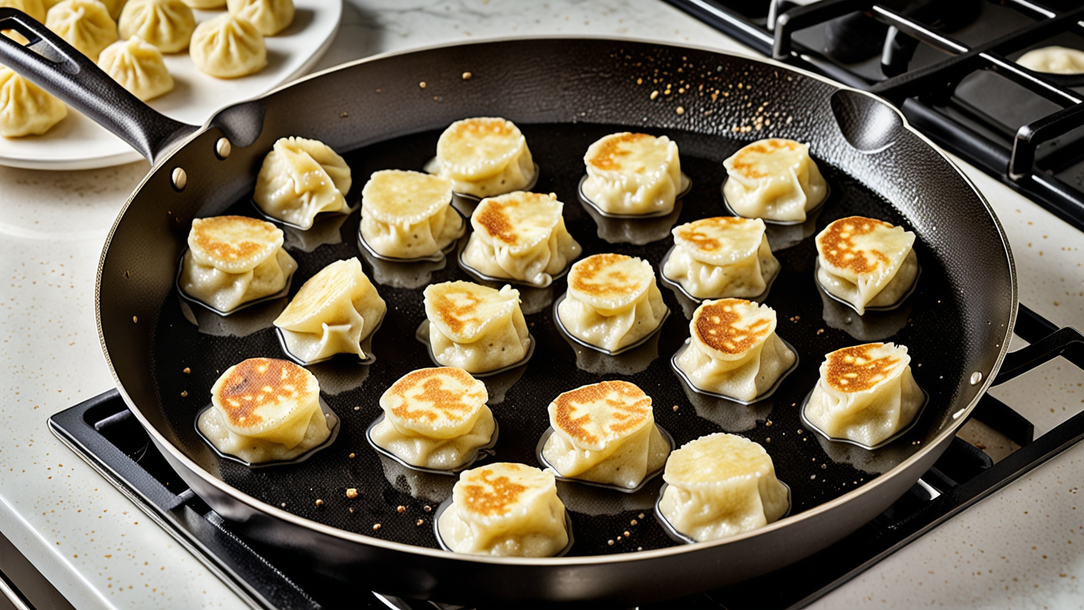 フライパンで焼いている冷凍餃子