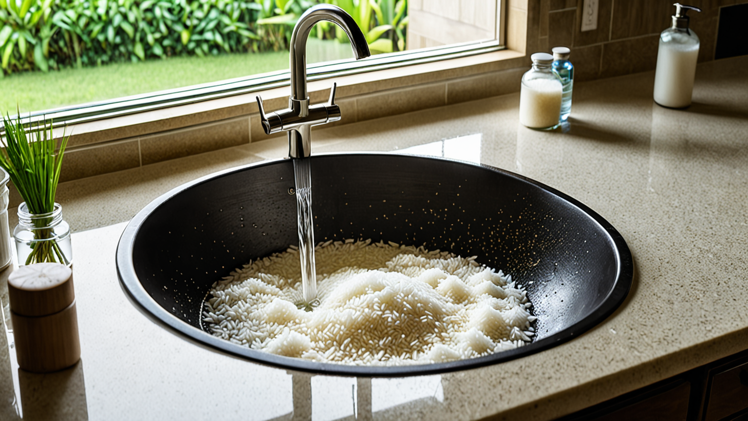 ボウルでお米を洗う様子