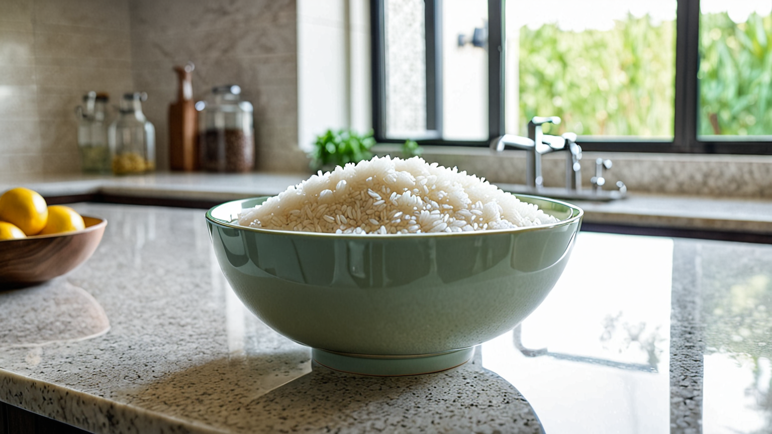 浸水中のお米が入ったボウル