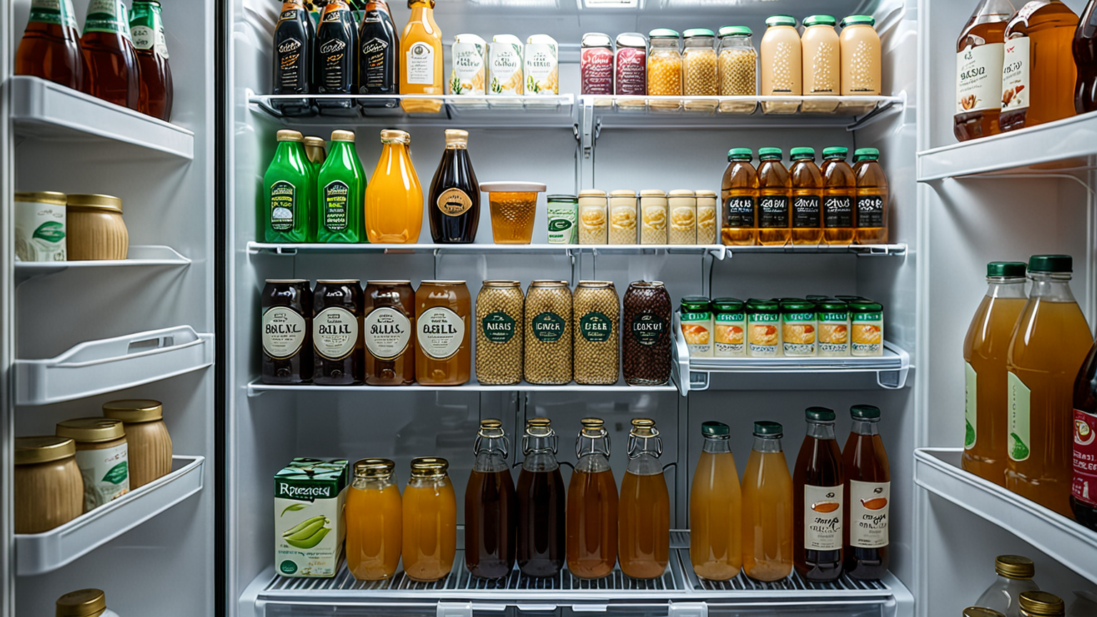 冷蔵庫の中に整理された飲料と麦茶の容器