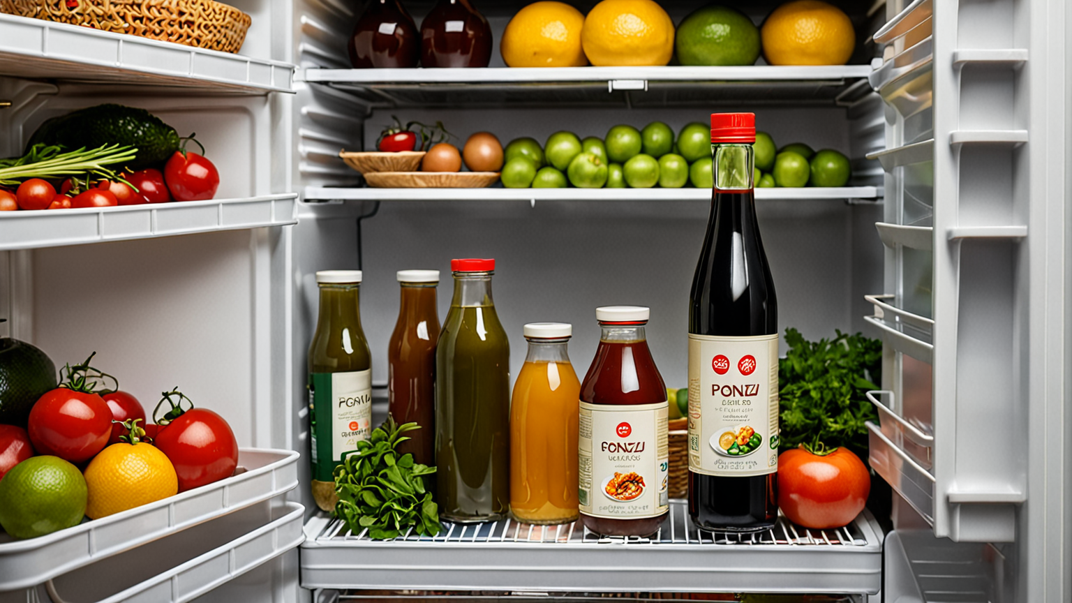 冷蔵庫で保存されたポン酢の瓶