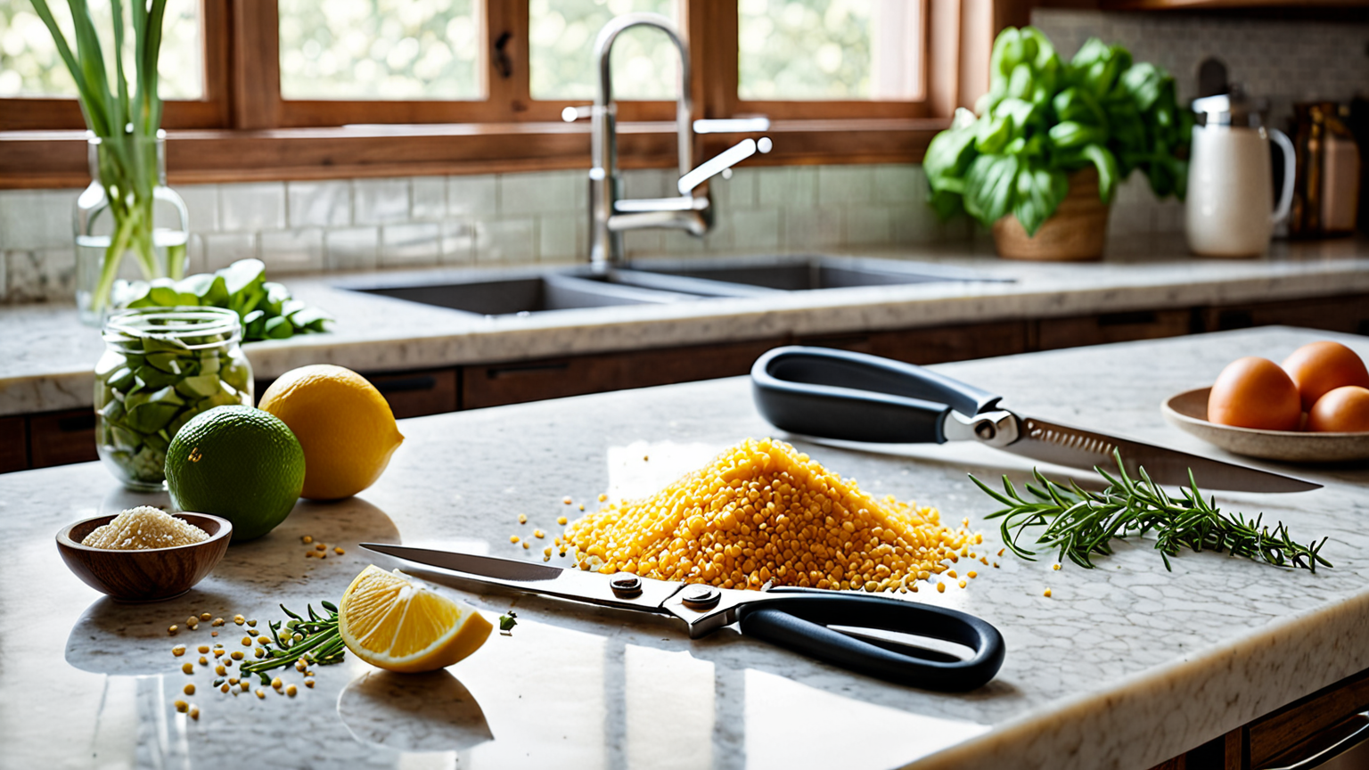 キッチンバサミで殻を切る様子