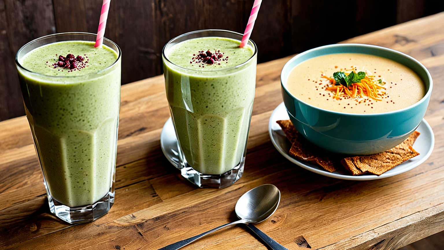 豆乳を使ったスムージーとスープの写真