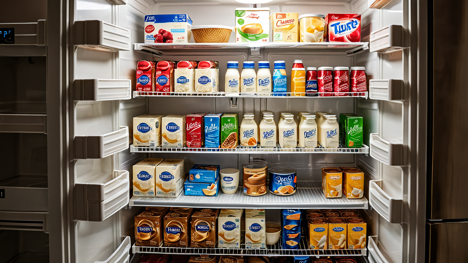 冷蔵庫内に整然と並んだ生クリームのパック