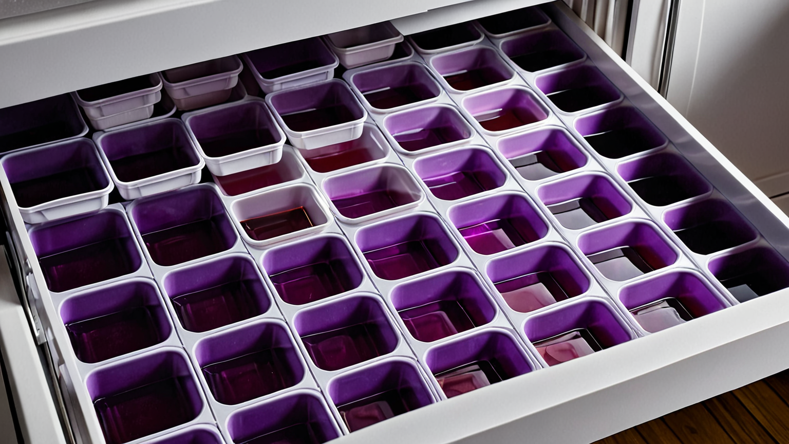 小分けの容器に入れたしそジュースを冷凍庫に並べている様子