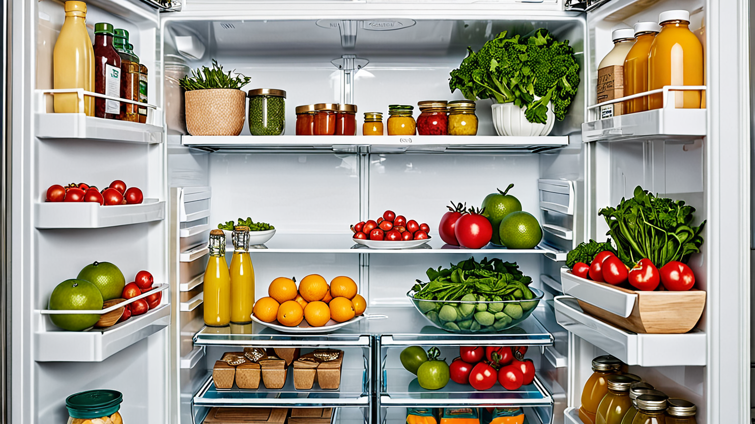 冷蔵庫の温度設定パネルと整頓された冷蔵庫内