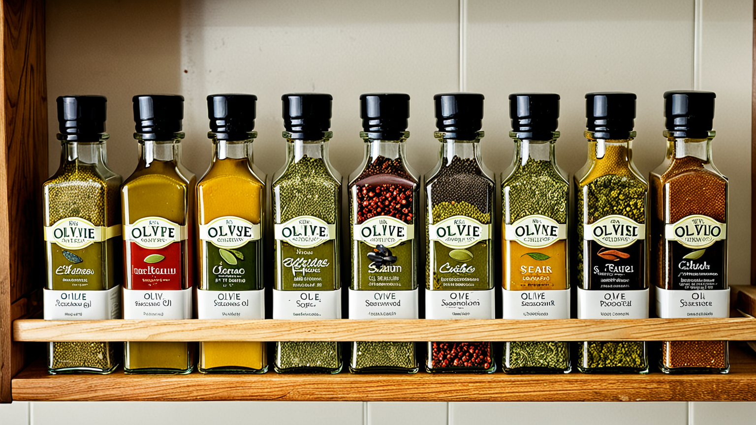 キッチンの調味料棚に並ぶオリーブオイルと調味料