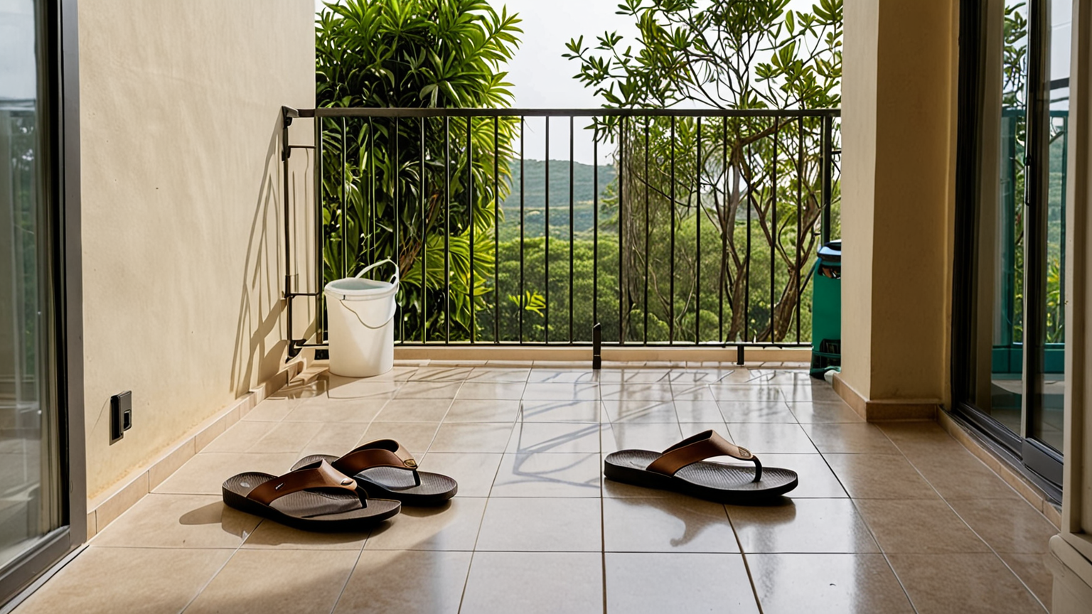 ベランダでサンダルを掃除する様子