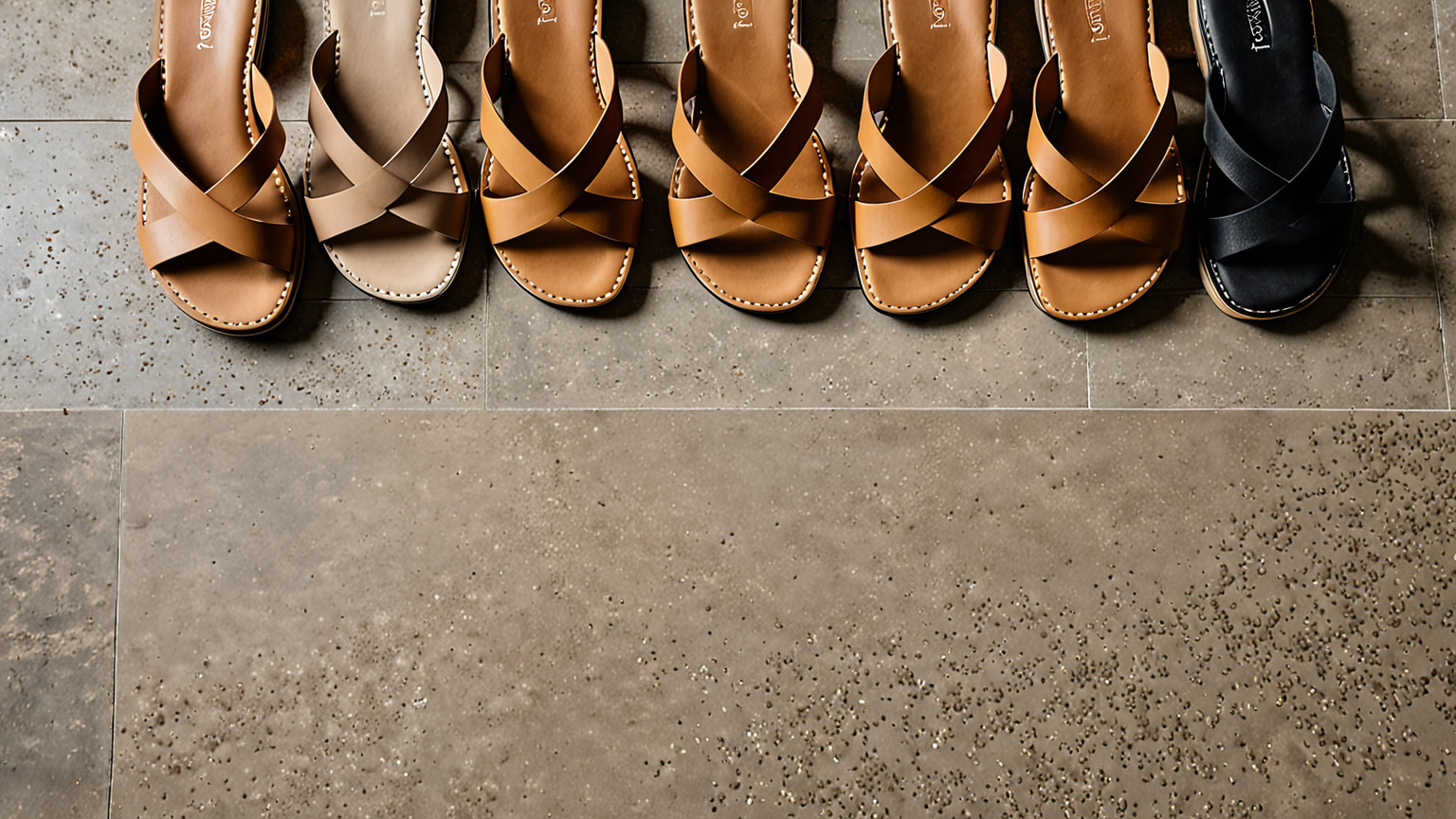 さまざまな素材のサンダルが並んでいる