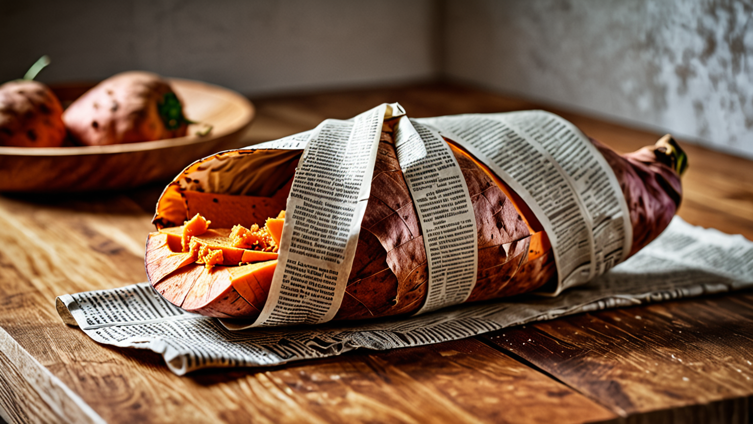 さつまいもを新聞紙で包んで保存している様子