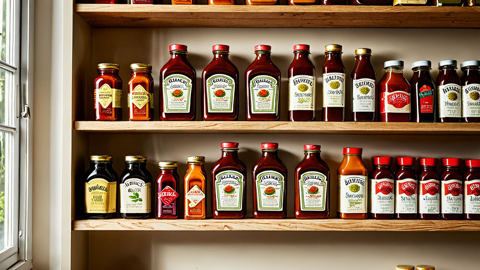 キッチンの調味料棚に並んだソース瓶