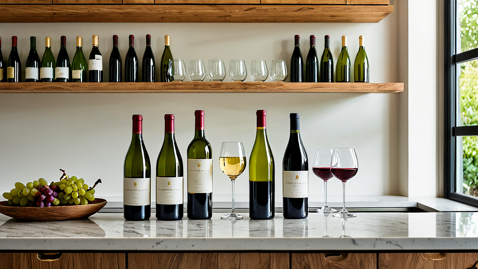 ワインボトルとグラスが並ぶキッチンカウンター