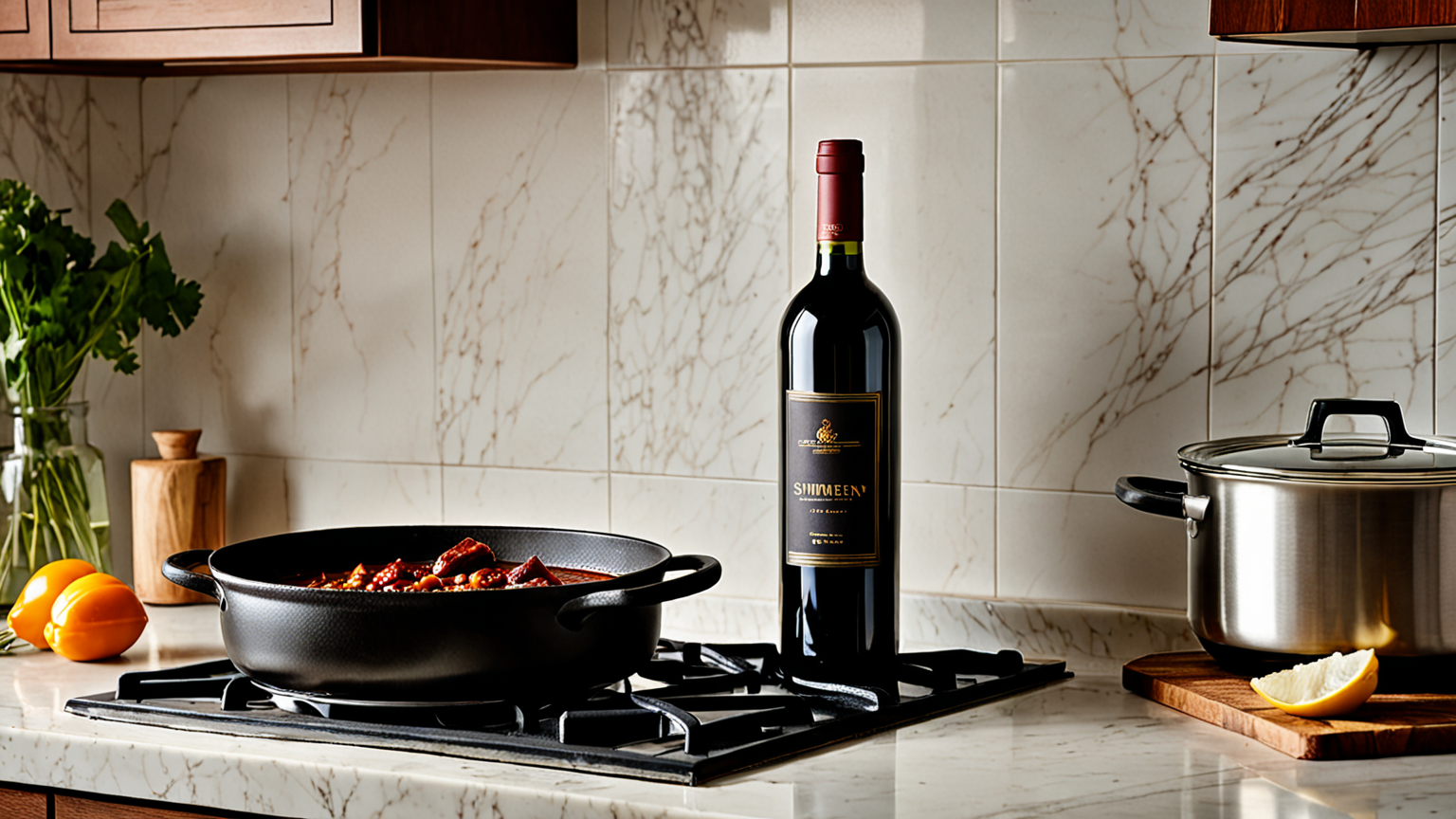 料理に使われる赤ワインのボトルと煮込み料理の鍋