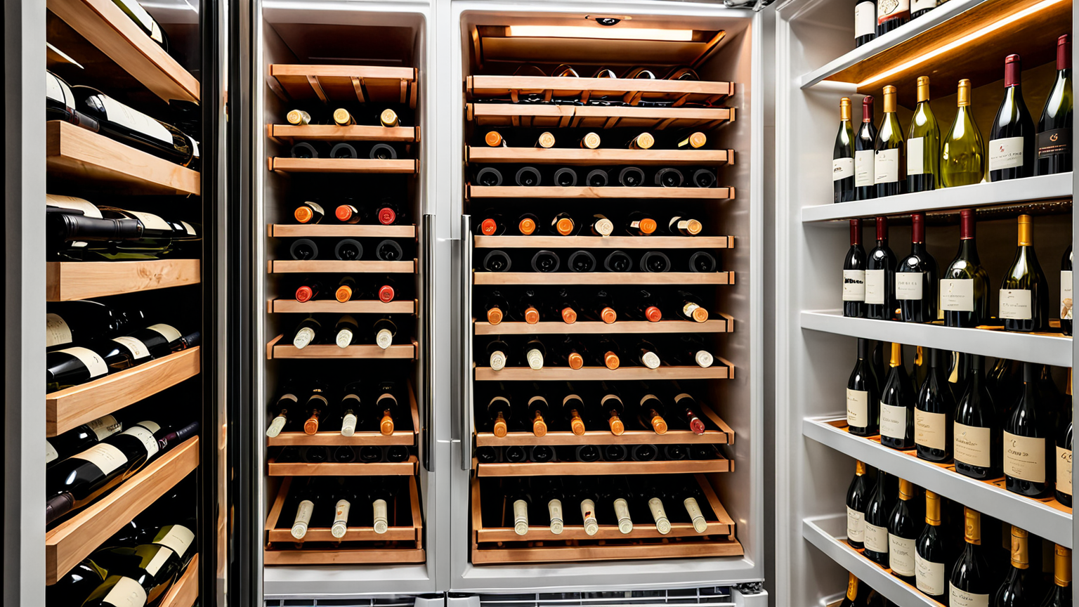 冷蔵庫内に立てて保存されたワインボトル