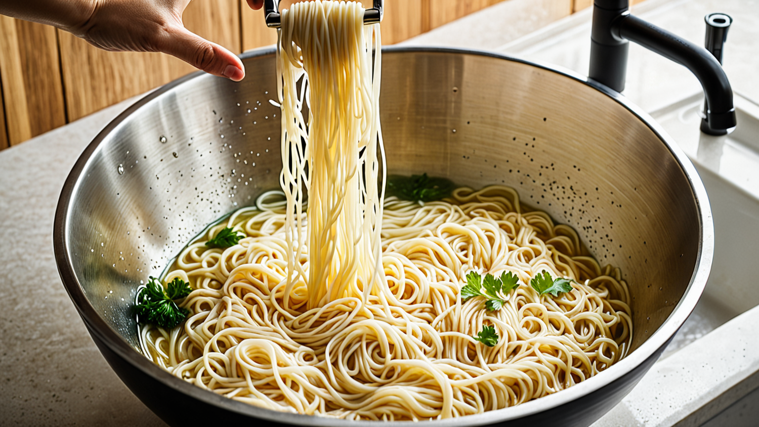茹でたそうめんを冷水でしめている様子