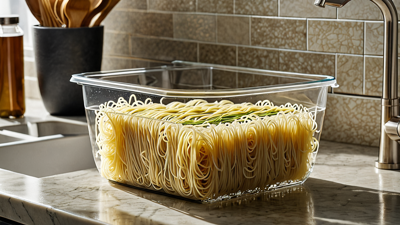 保存容器に水とともに入ったそうめん