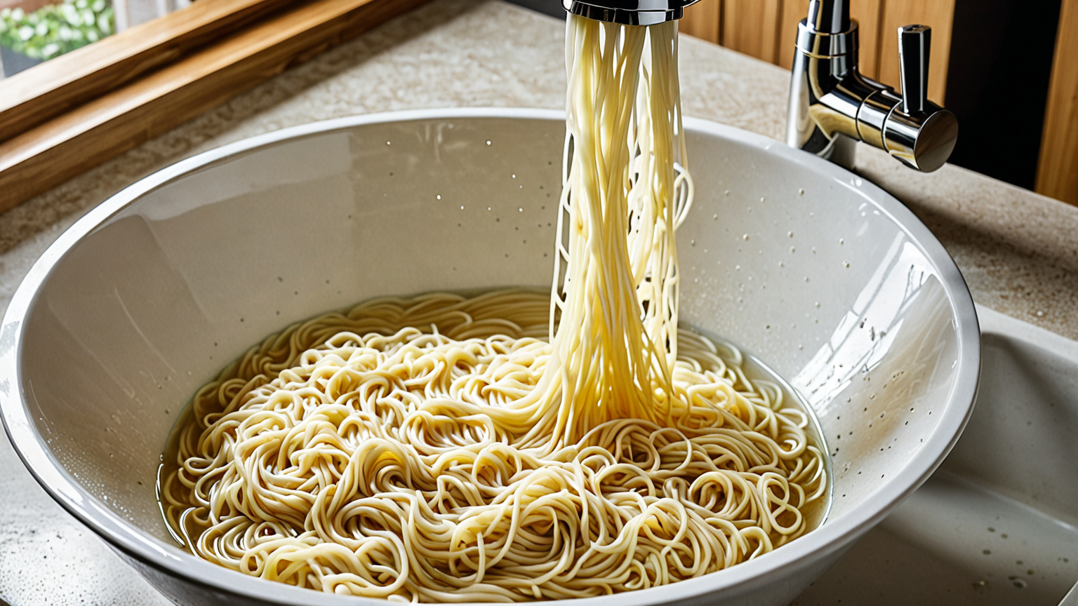 そうめんのぬめりを流水で洗い流す様子