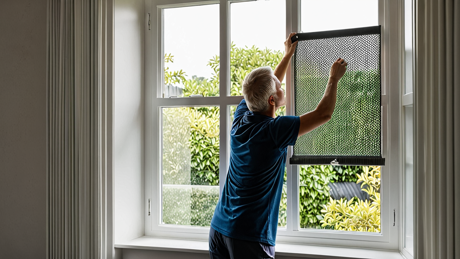 網戸を外さずに掃除している様子