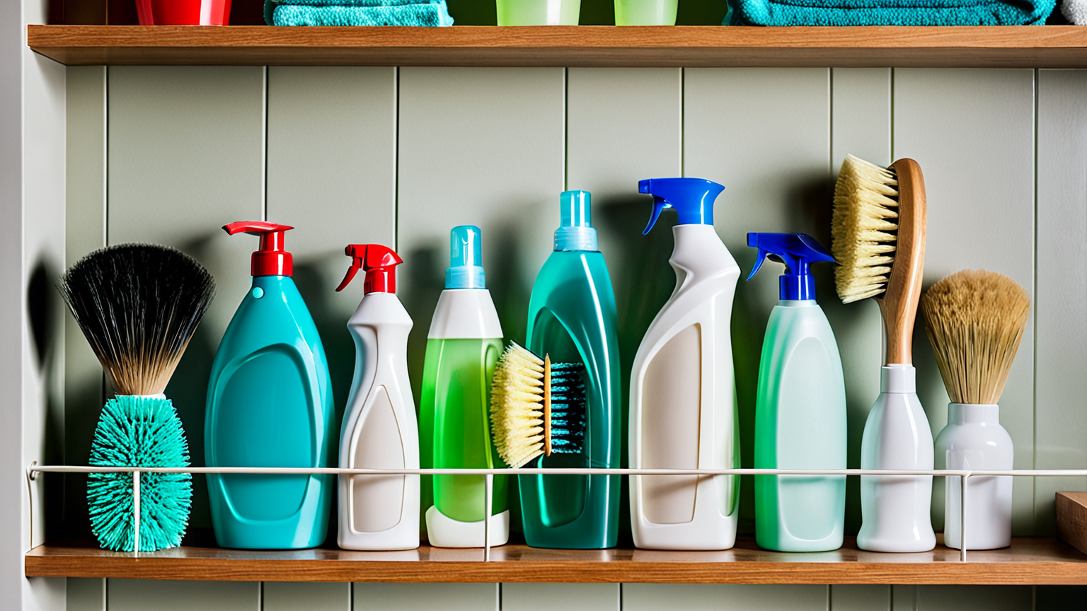 掃除用のブラシや洗剤が並んでいる様子