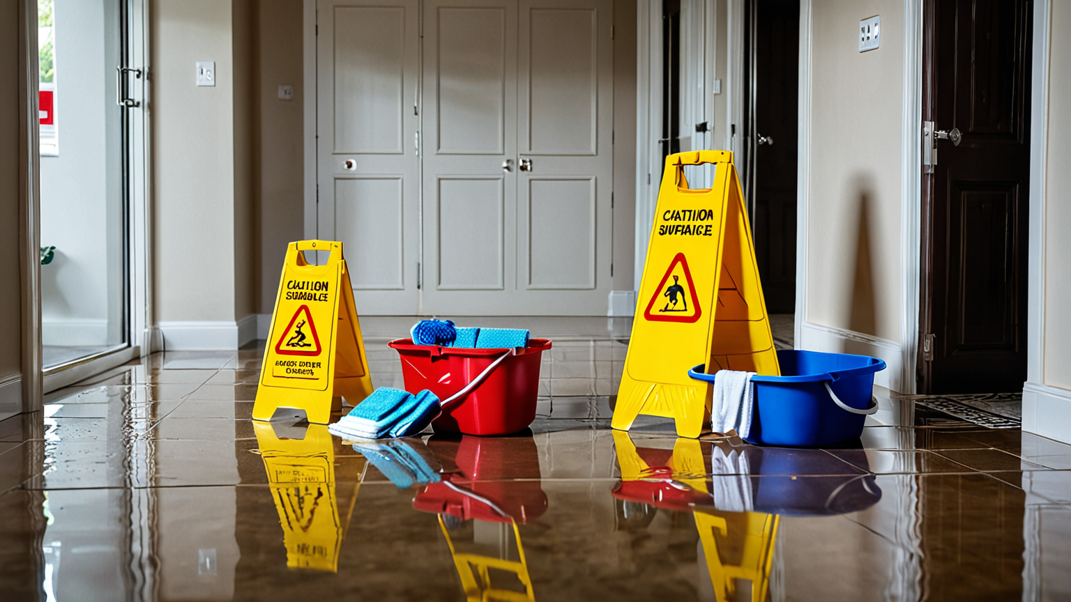 注意マークと掃除中のイラスト