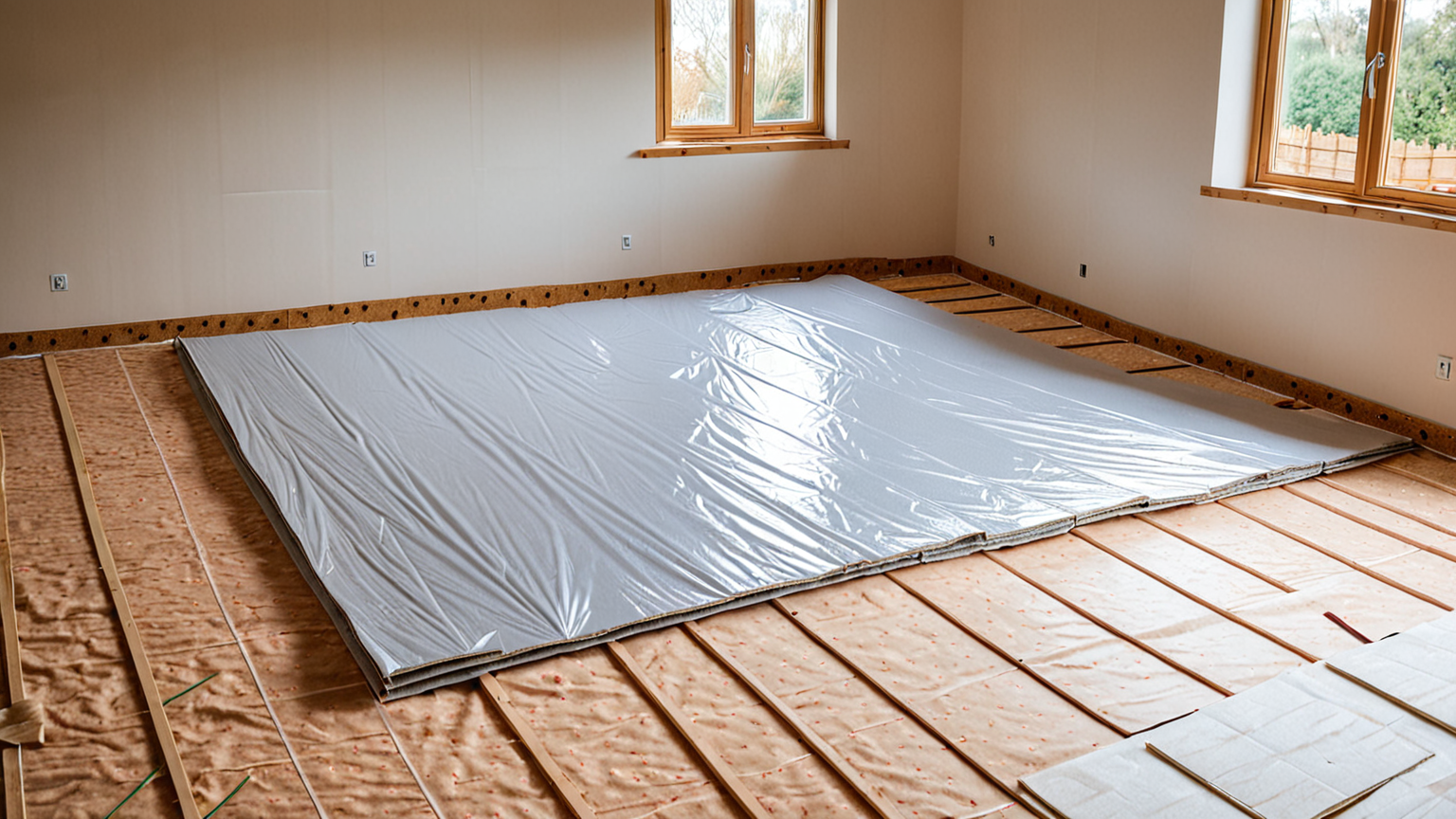 DIYで床に断熱シートを貼る様子