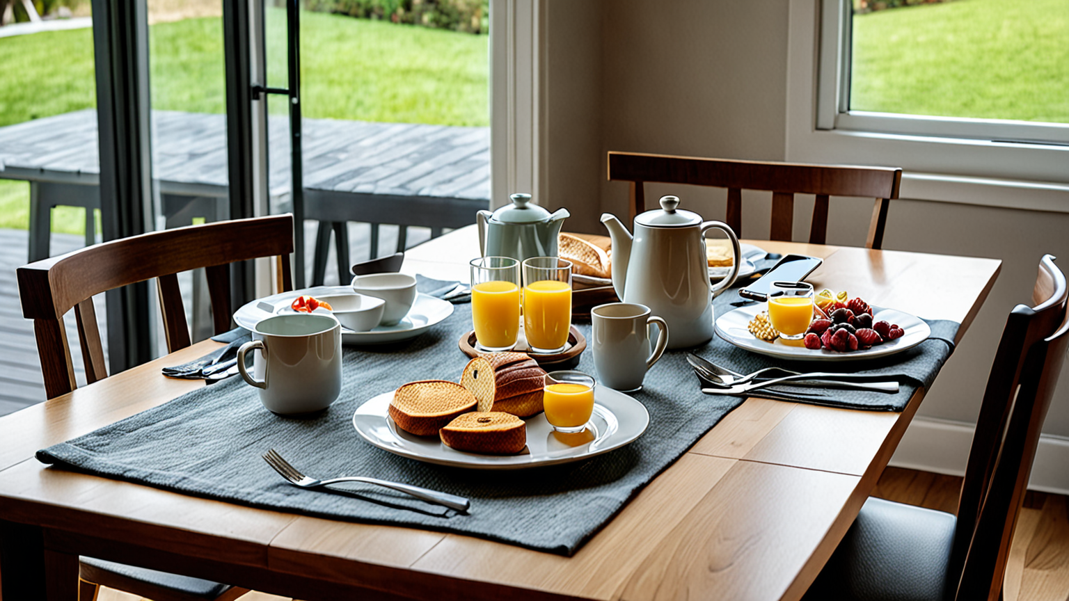 朝食テーブルでスマホを使う人