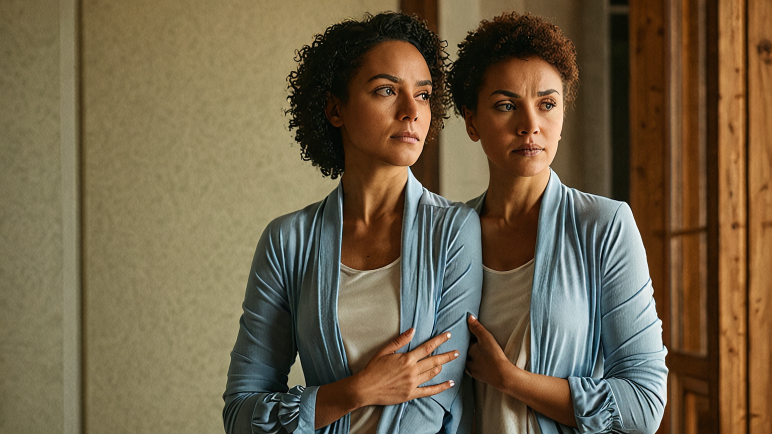 困った表情の女性が手を見る様子