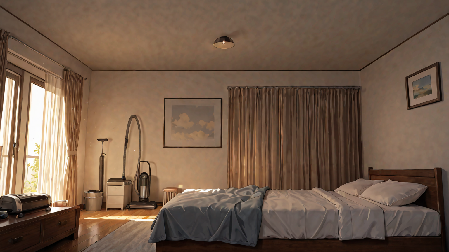 ベッド下のホコリを掃除する様子