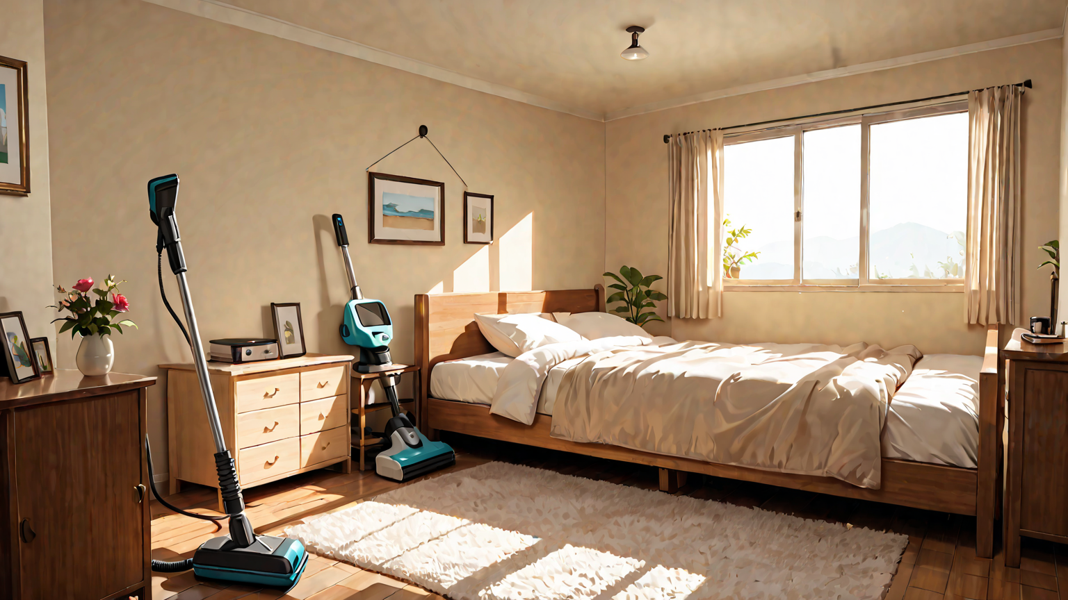 掃除機でベッド下を掃除する様子