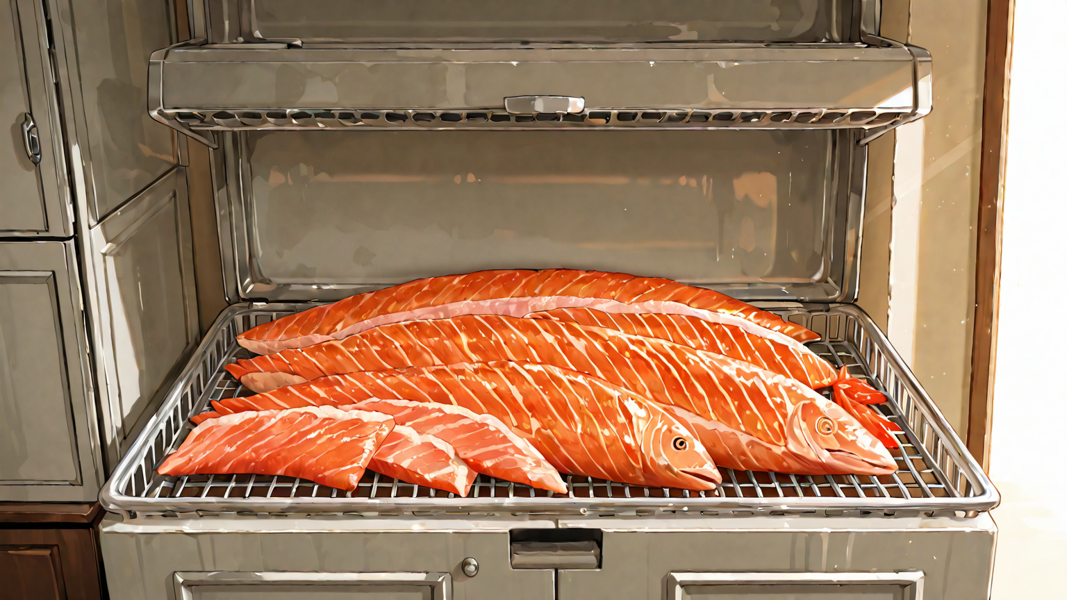 冷凍庫の温度計と整理された鮭の切り身