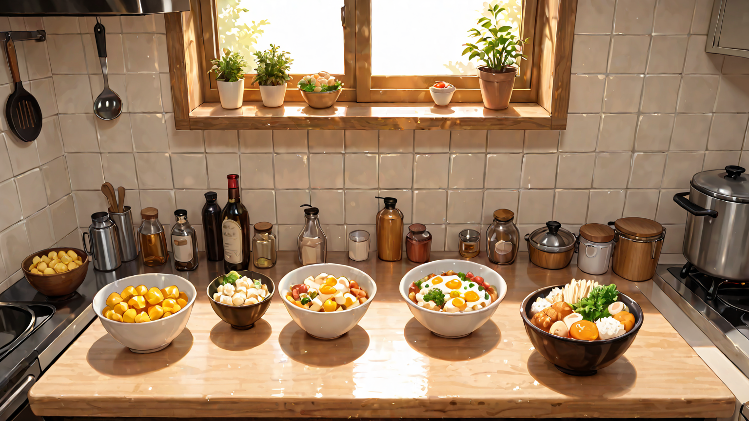 スクランブルエッグの材料が並んだキッチンカウンター