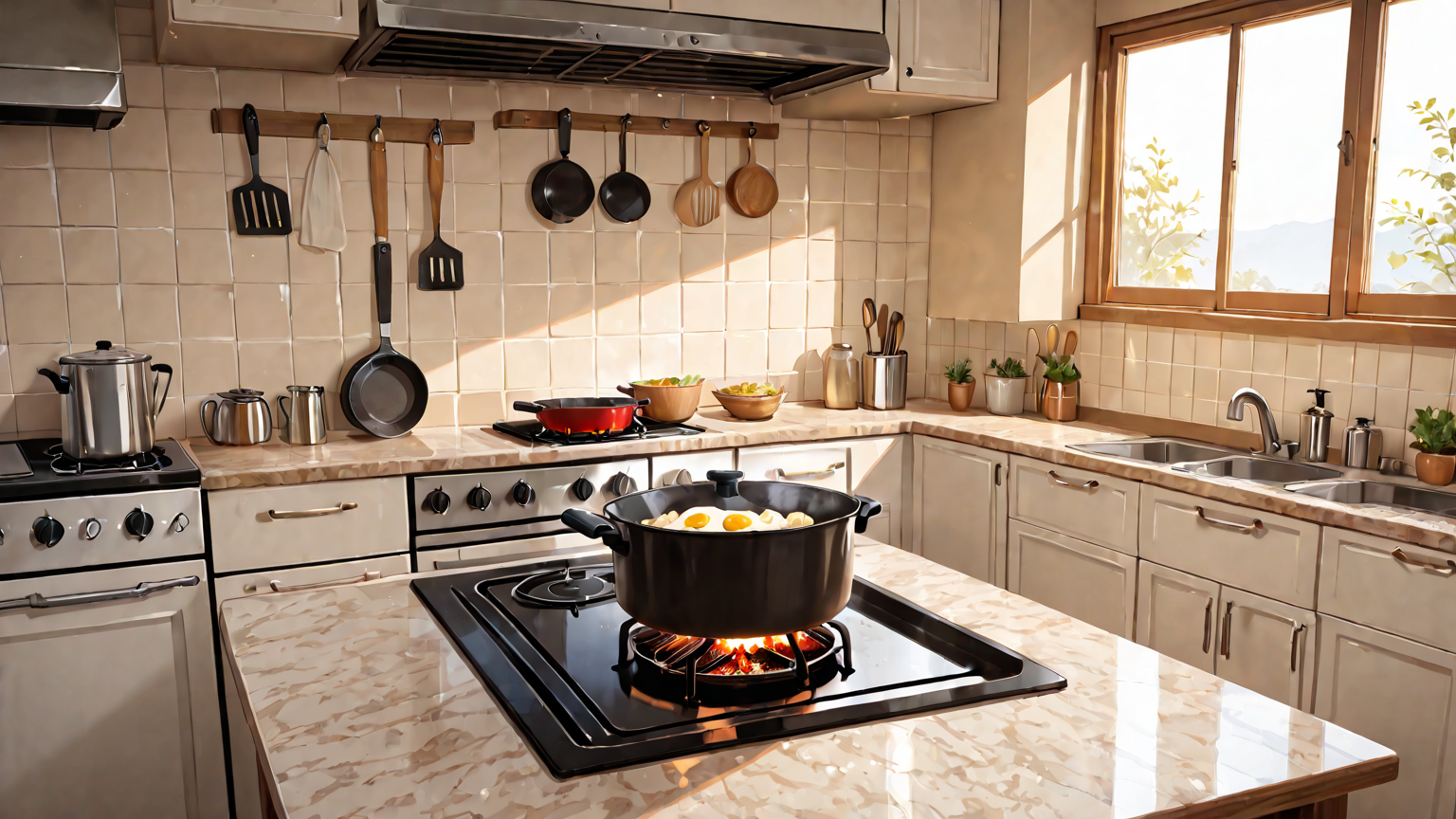 フライパンでスクランブルエッグを混ぜている様子