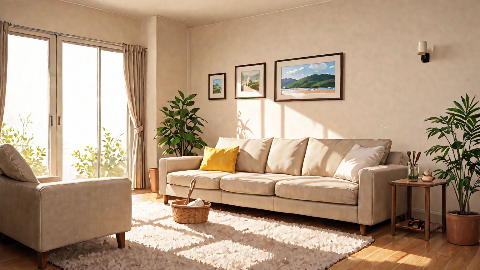 布製ソファと掃除用具の準備