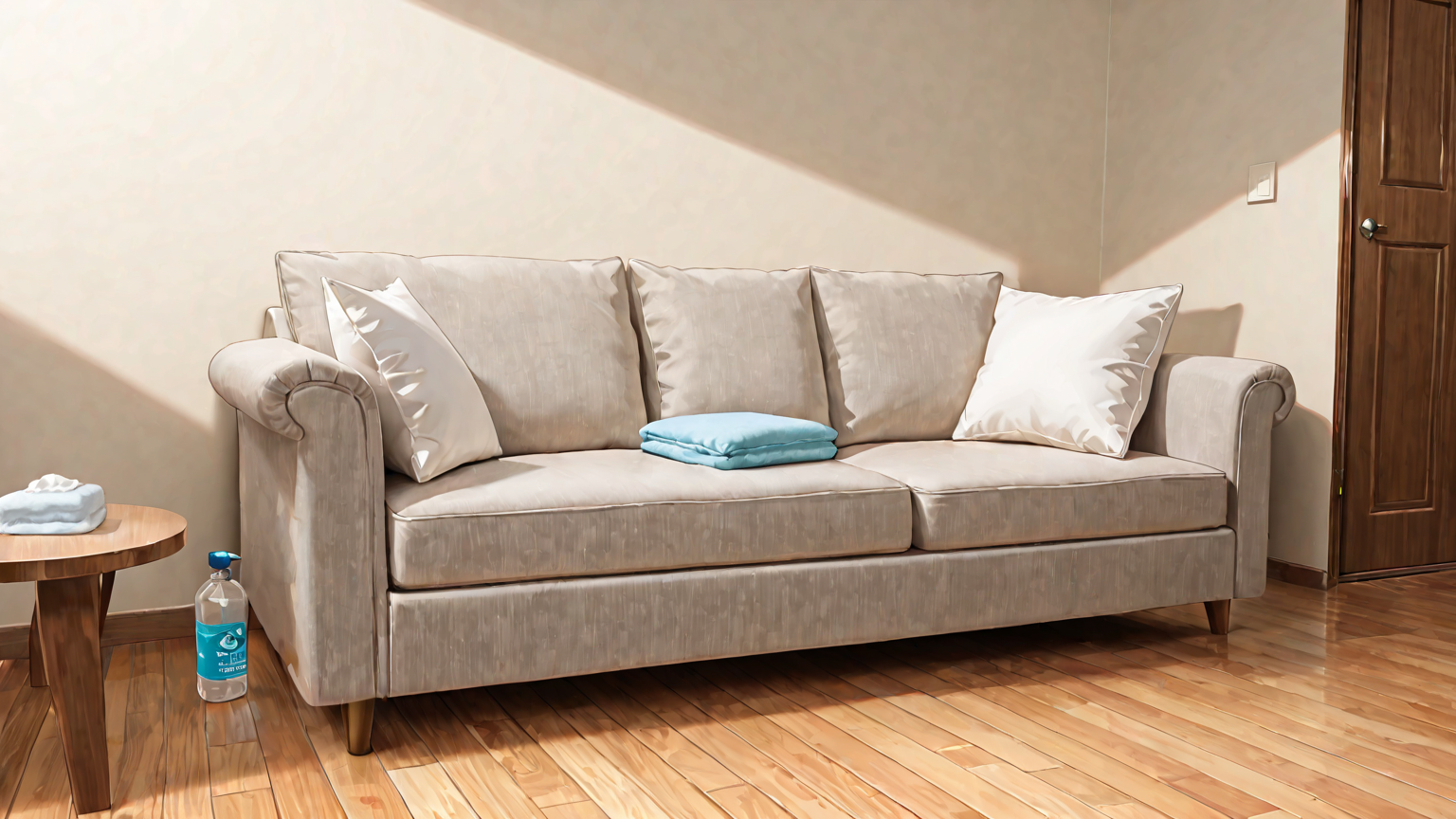 掃除用洗剤と布製ソファ