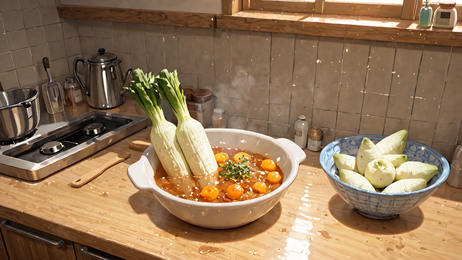 ボウルに浸した切り干し大根と計測タイマー