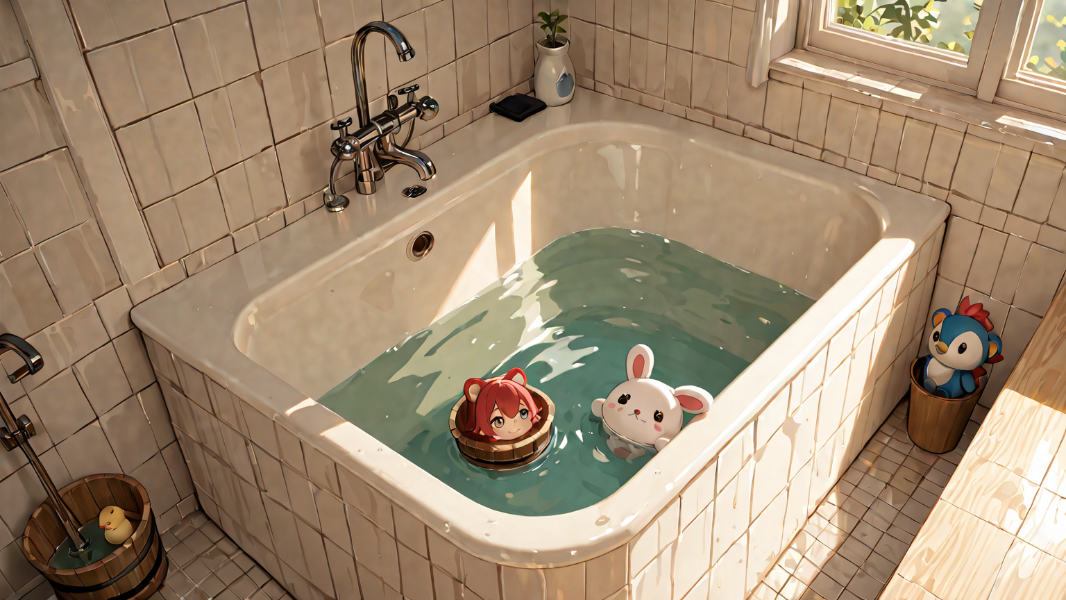 洗面器でぬいぐるみを手洗いしている様子