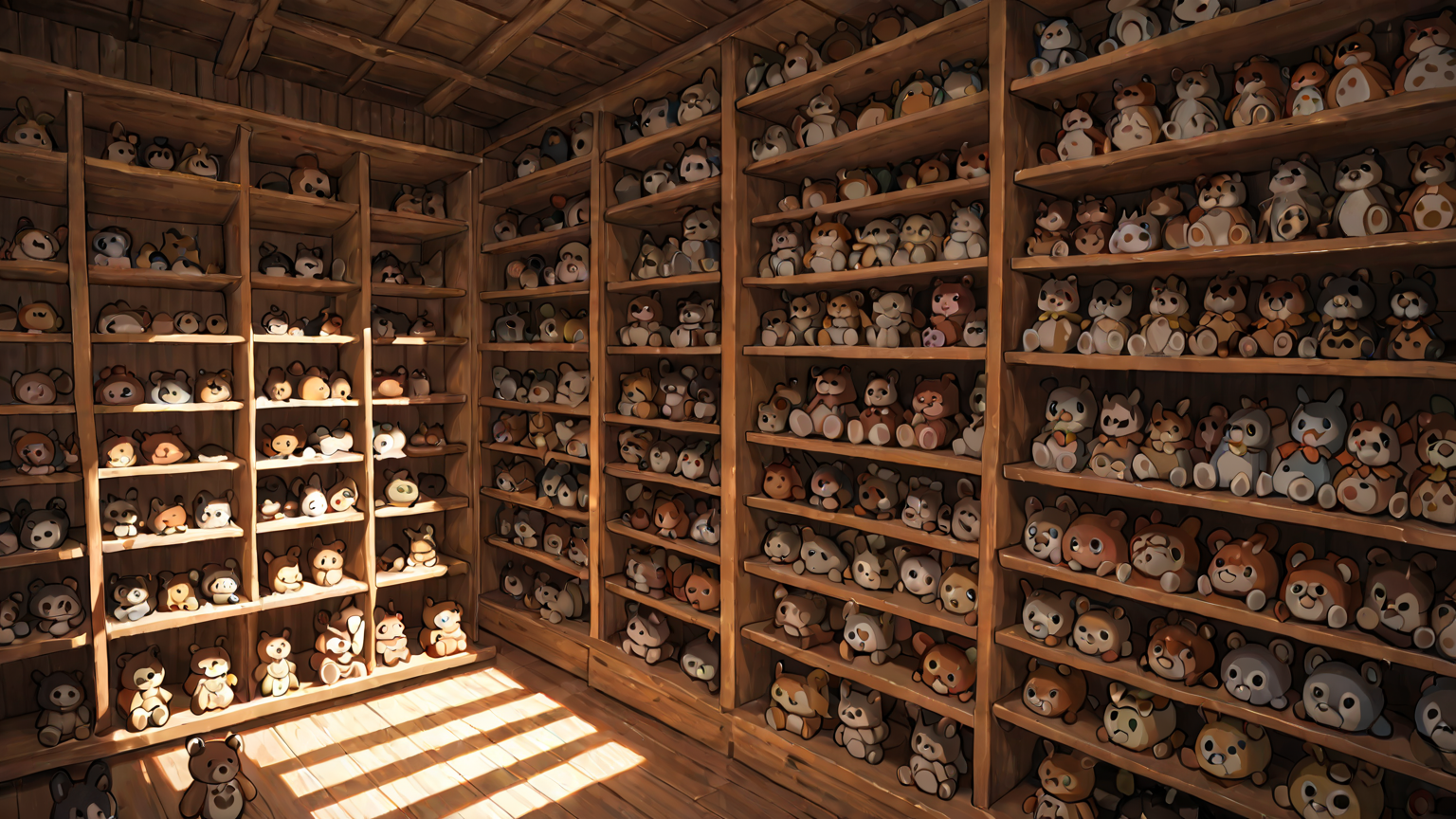 きれいに並べられたぬいぐるみの保管棚