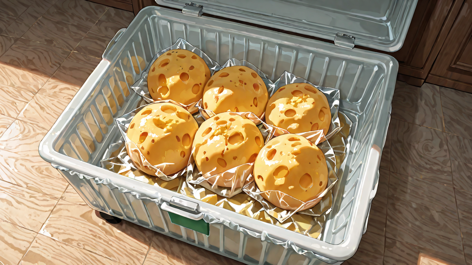 ラップで包まれたチーズを冷凍庫に入れる様子