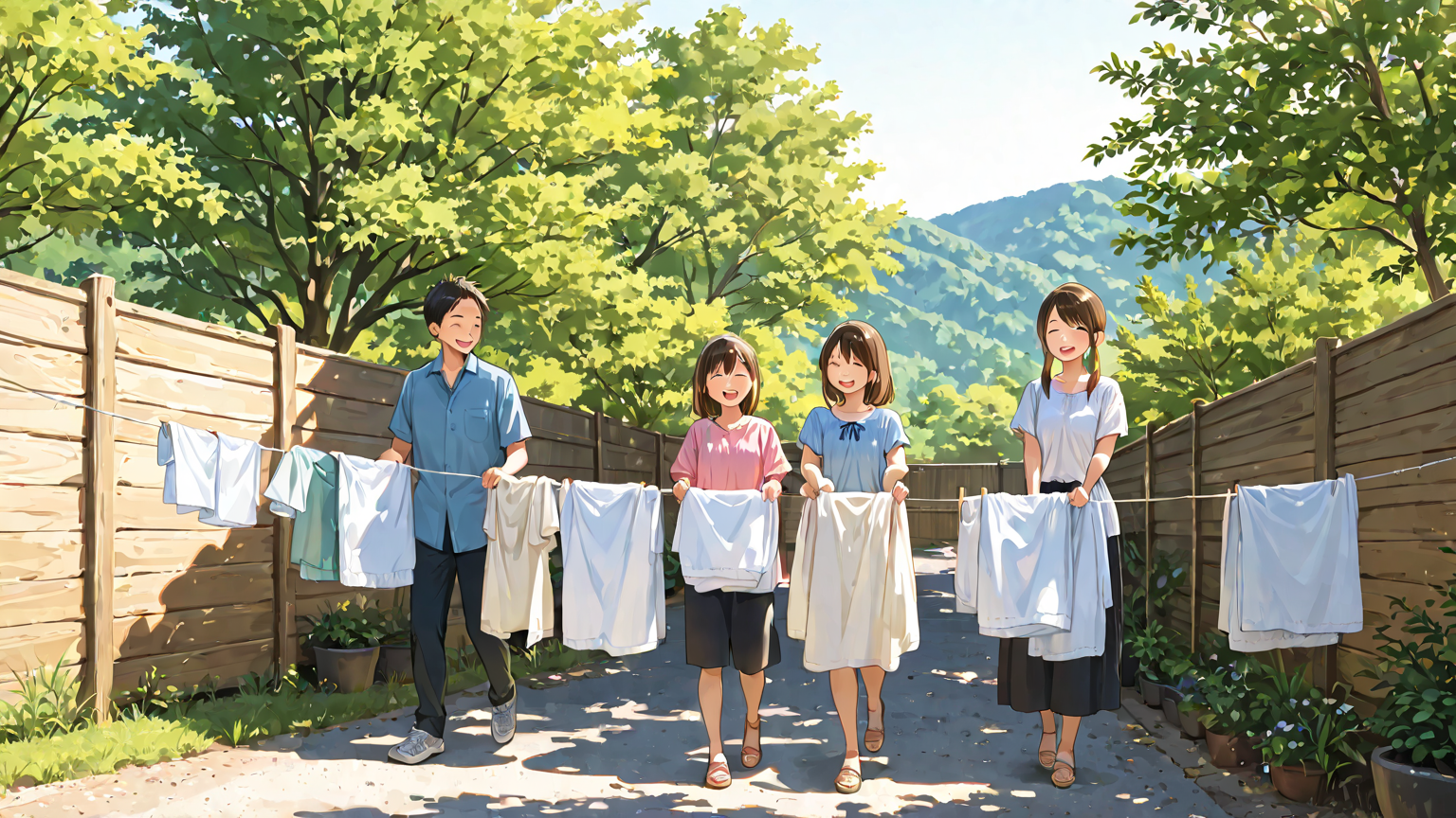 笑顔で洗濯物を取り込む家族