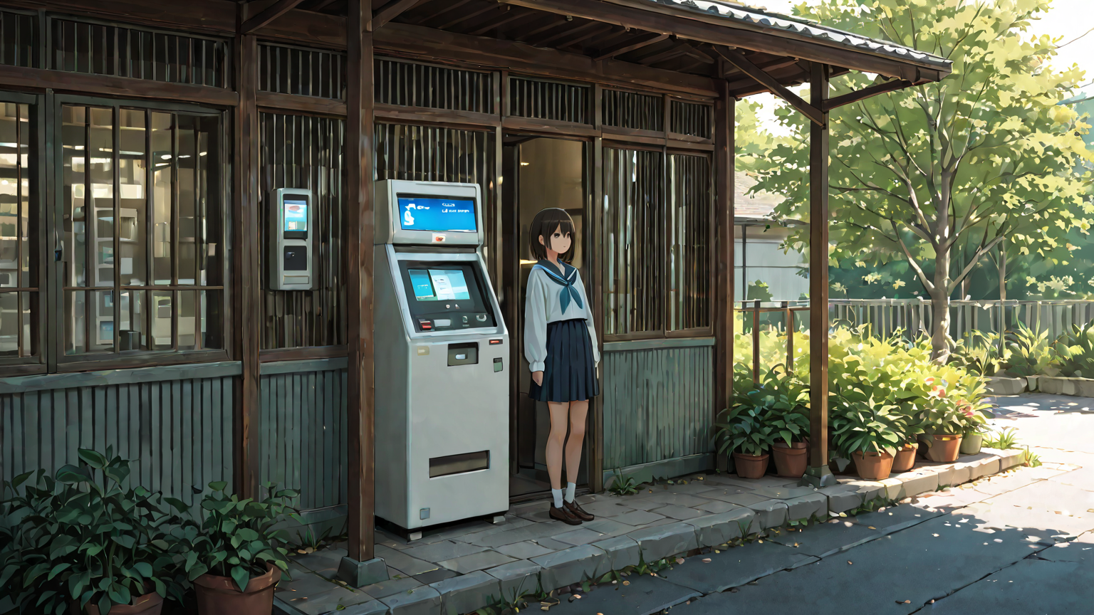 銀行のATM前で手数料を確認する人