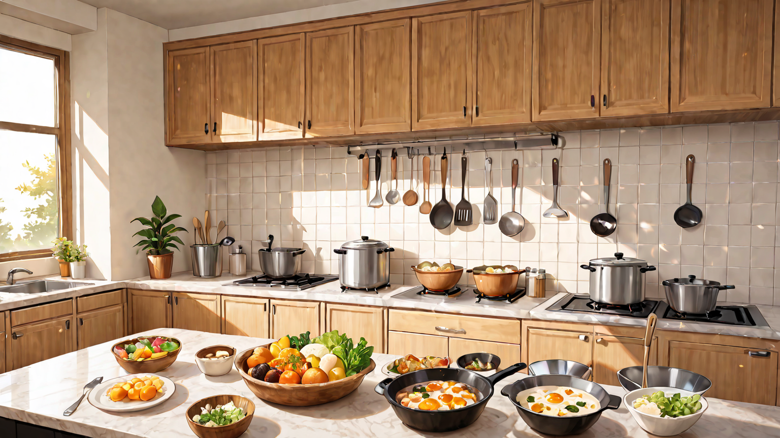 清潔なキッチンで調理している様子