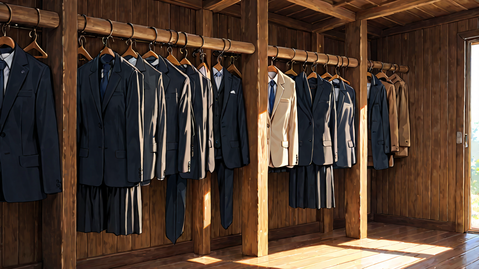 整理されたクローゼット内のスーツ