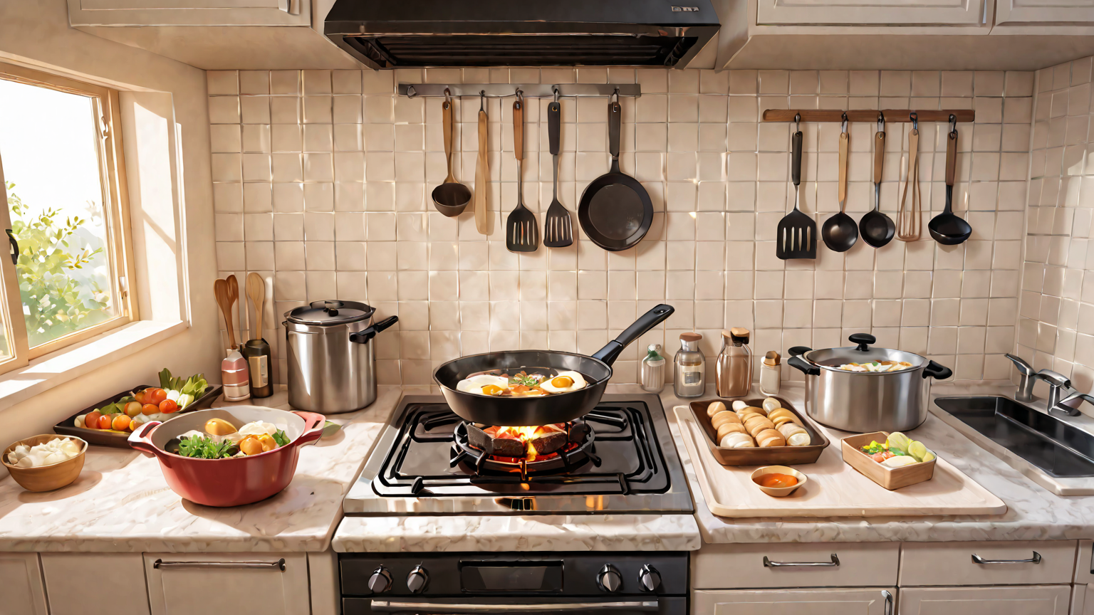 手作り春巻きを揚げているキッチンの様子