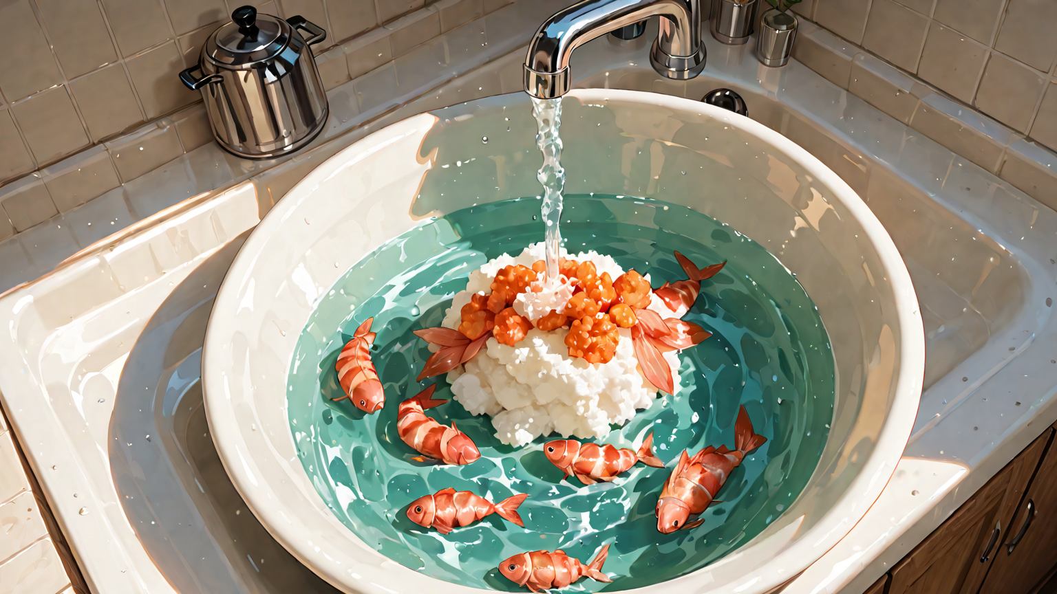 冷凍エビを水に浸して解凍している様子