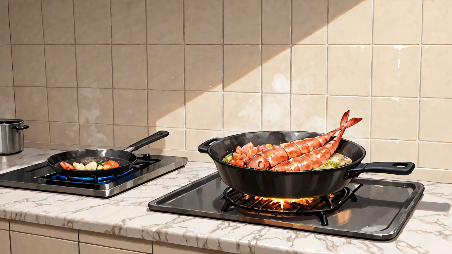 フライパンでエビを炒めている様子